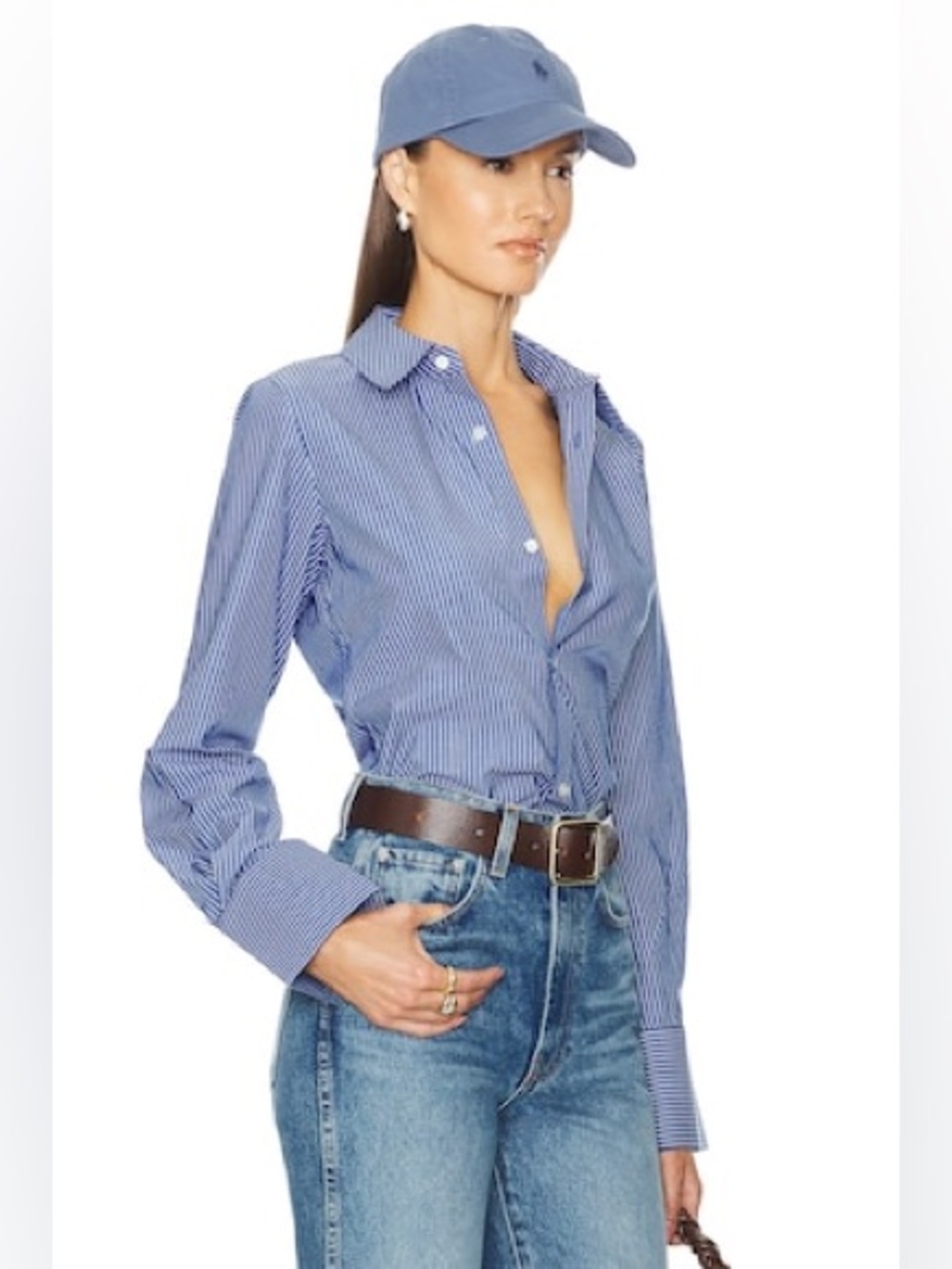 Helsa Pinstripe Poplin Fitted Shirt in Blue Pinstripe - Picture 2 of 5